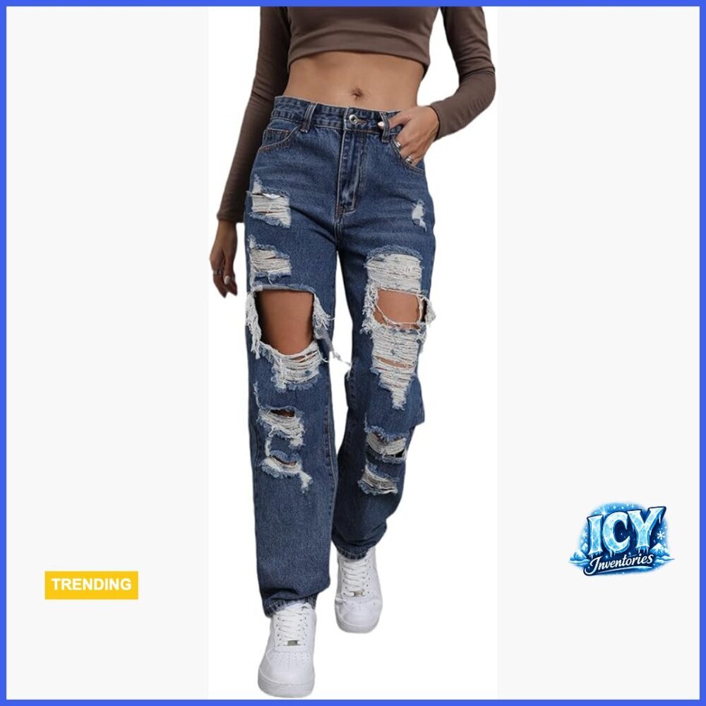 Ripped Distressed High Waisted Wide Straight Leg Jeans